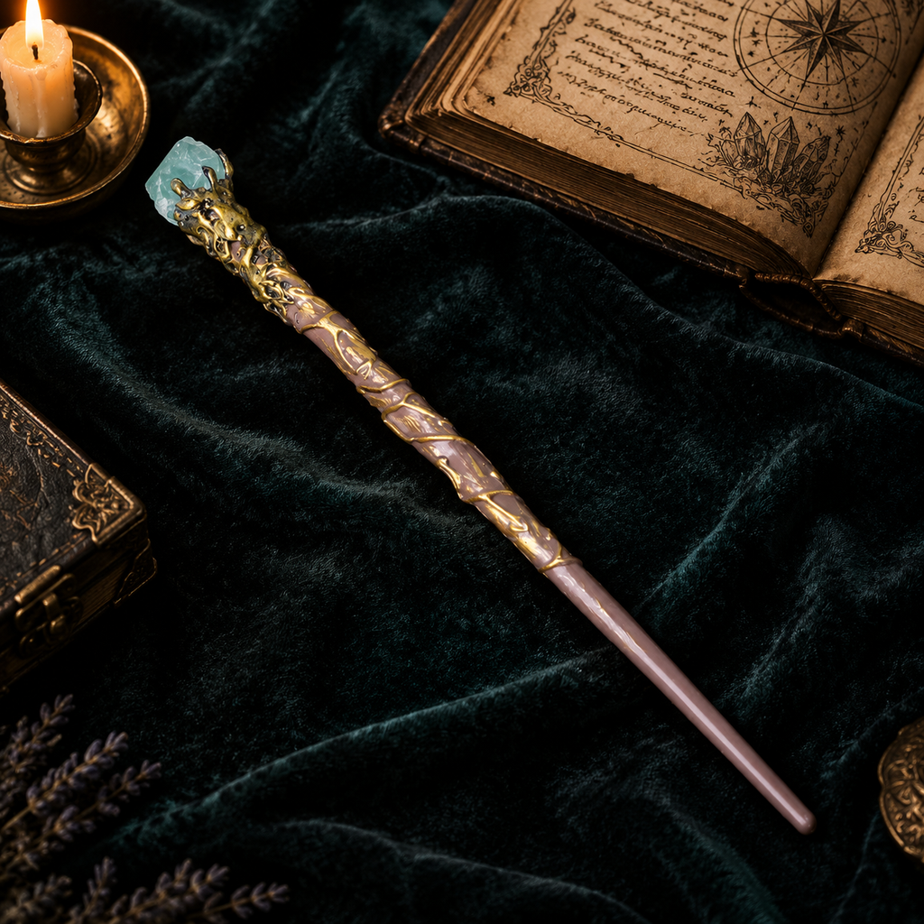 Natural Green Fluorite Raw Stone Magic Wand - Handmade 32-38cm - magic_wand_sku15_34cm_lifestyle_square