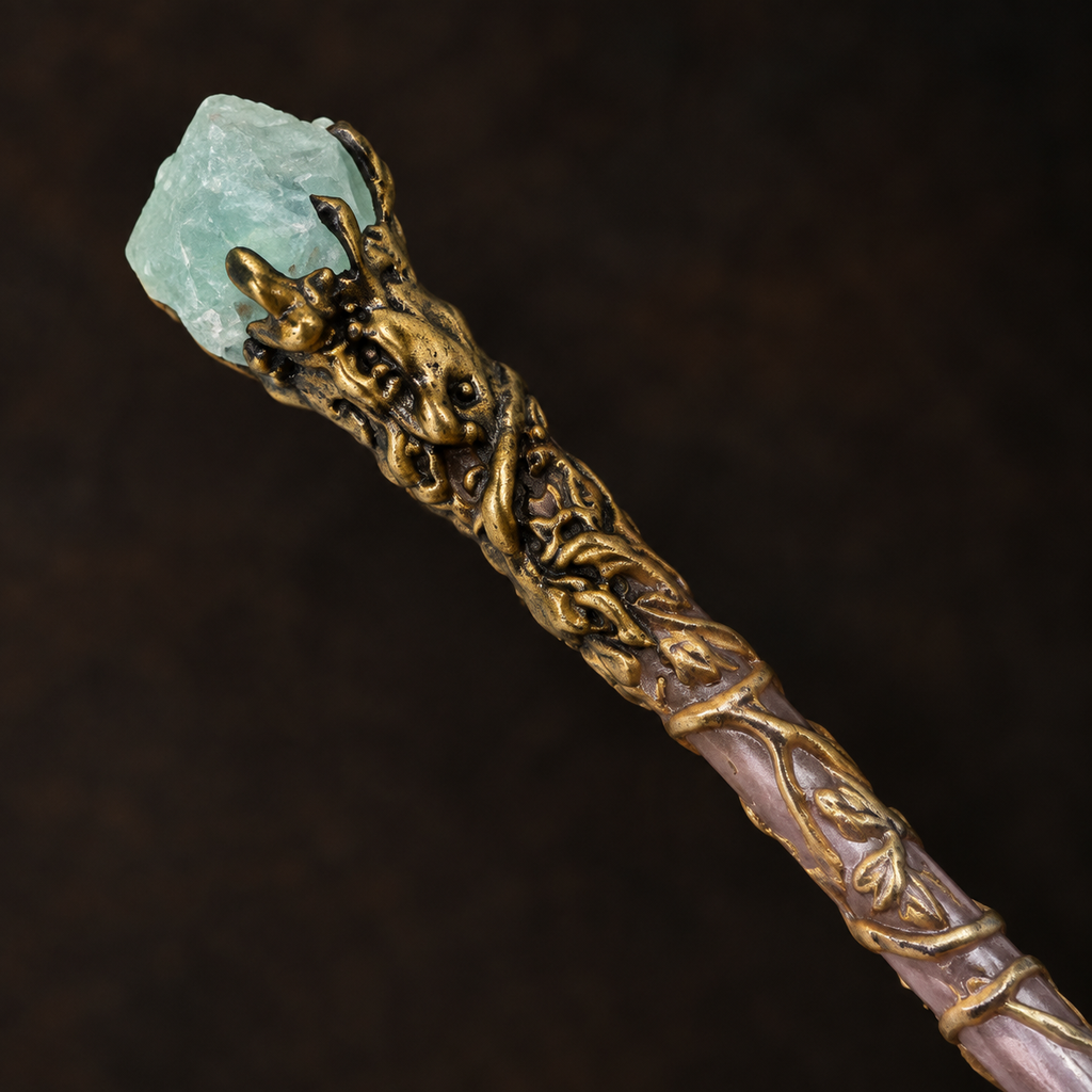 Natural Green Fluorite Raw Stone Magic Wand - Handmade 32-38cm - magic_wand_sku15_34cm_ornament_detail_square