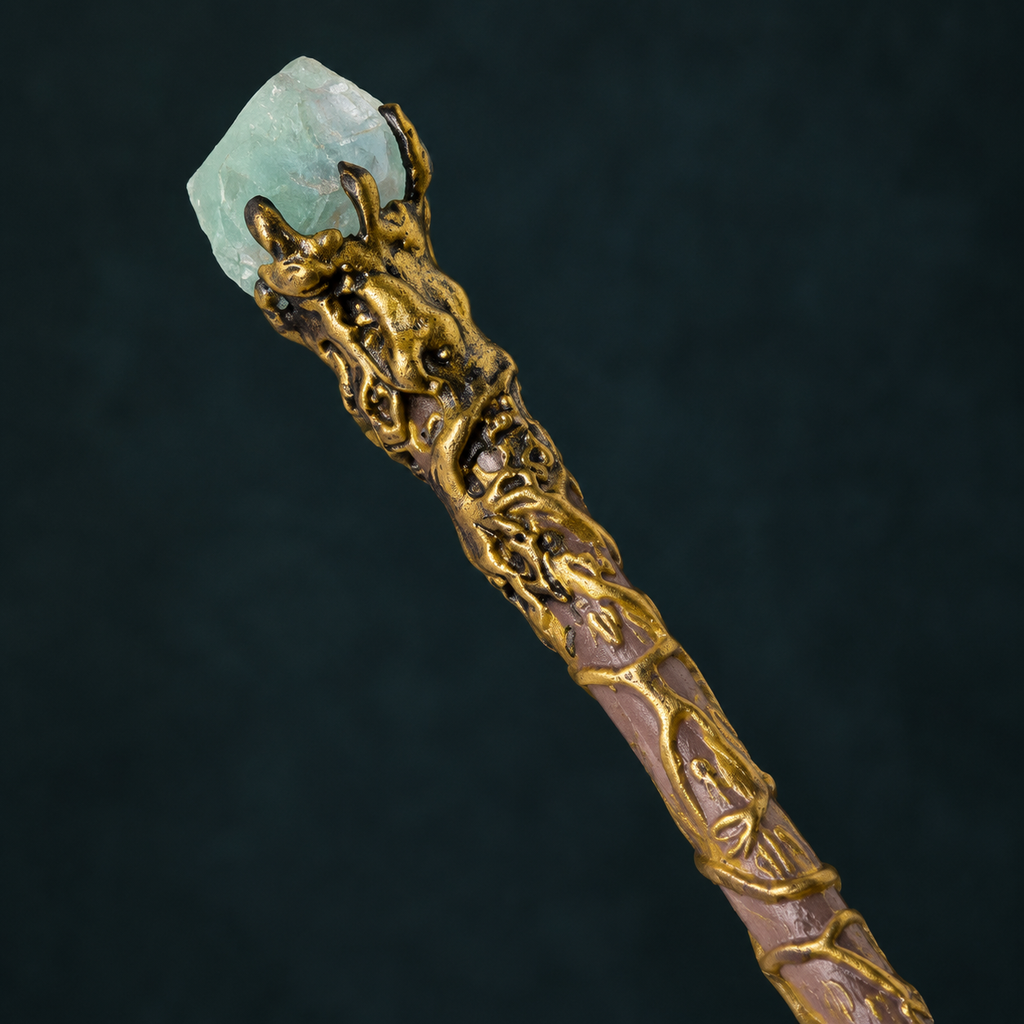 Natural Green Fluorite Raw Stone Magic Wand - Handmade 32-38cm - magic_wand_sku15_34cm_top_closeup_square