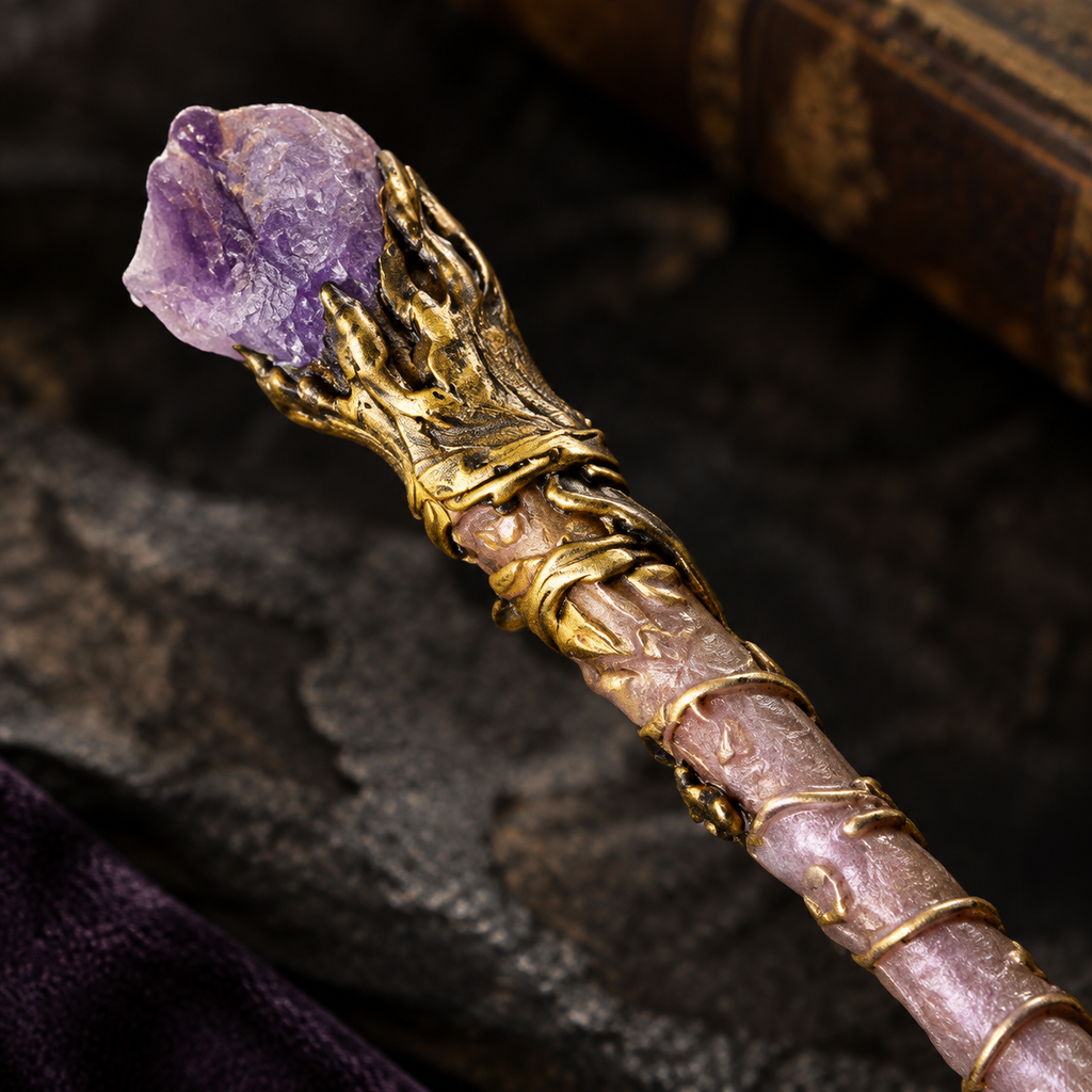 Natural Purple Mica Raw Stone Magic Wand - Handmade 32-38cm - magic_wand_sku12_34cm_ornament_detail_square