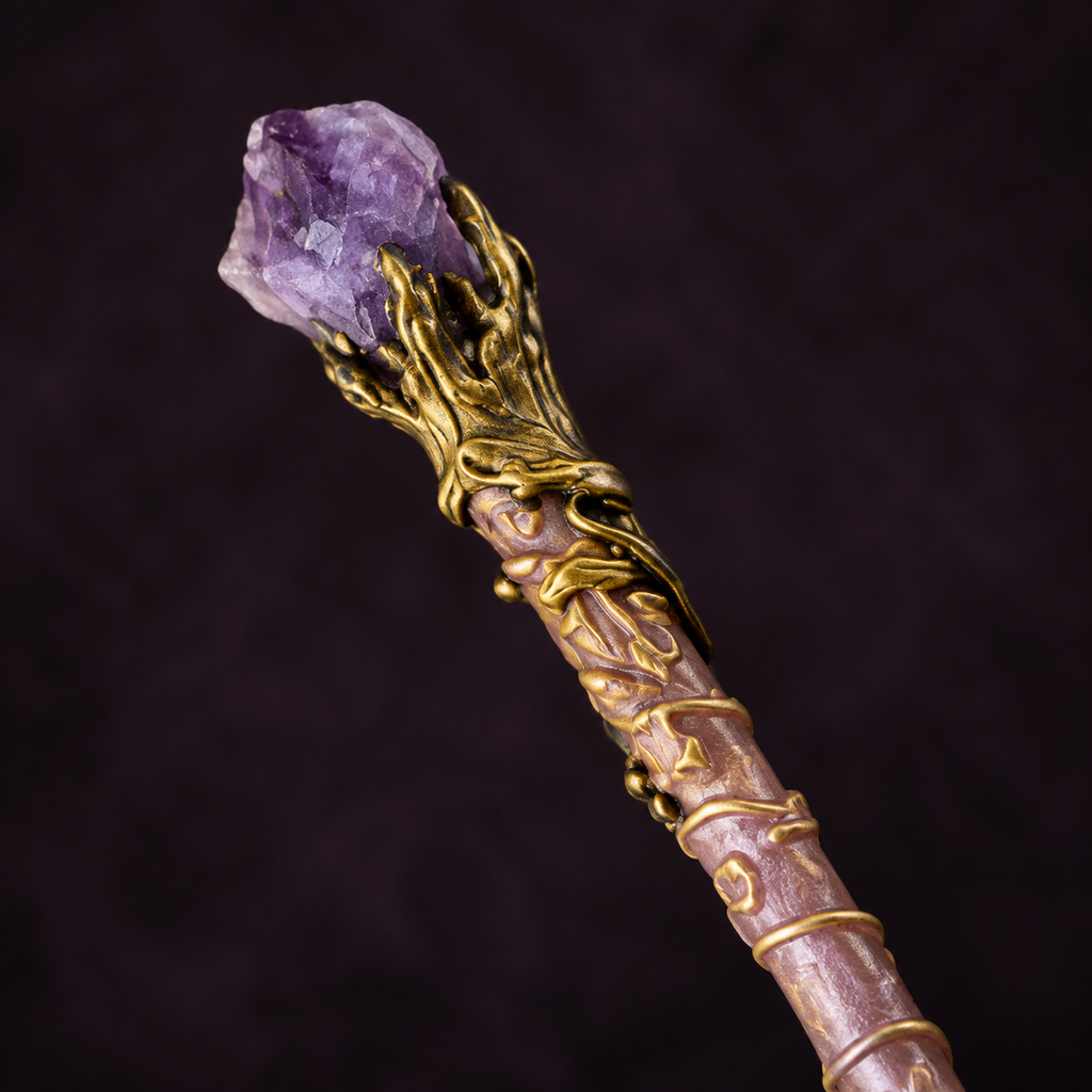 Natural Purple Mica Raw Stone Magic Wand - Handmade 32-38cm - magic_wand_sku12_34cm_top_closeup_square