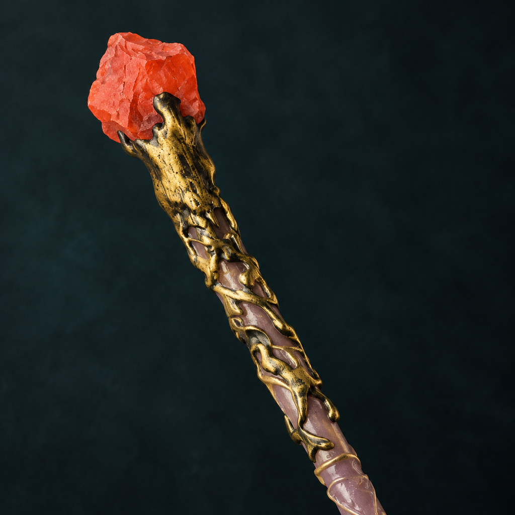 Natural Red Jasper Raw Stone Magic Wand - Handmade 32-38cm - magic_wand_sku13_34cm_top_closeup_square