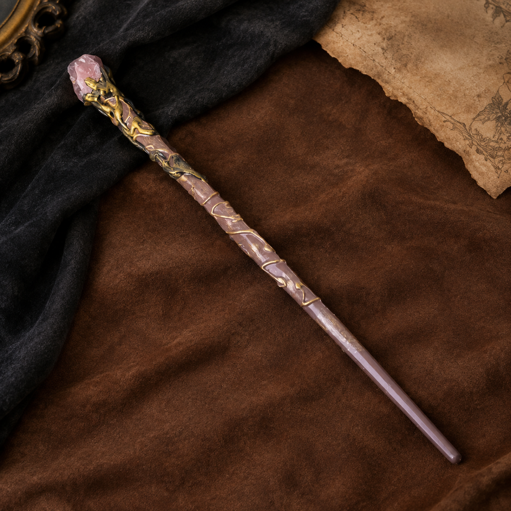 Natural Rose Quartz Raw Stone Magic Wand - Handmade 32-38cm - magic_wand_sku07_34cm_flat_lay_square