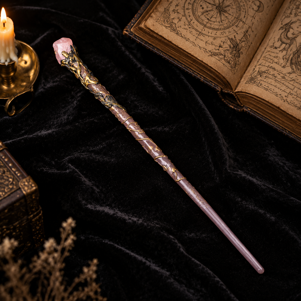 Natural Rose Quartz Raw Stone Magic Wand - Handmade 32-38cm - magic_wand_sku07_34cm_lifestyle_square