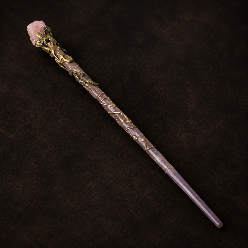 Natural Rose Quartz Raw Stone Magic Wand - Handmade 32-38cm - magic_wand_sku07_34cm_material_detail_square