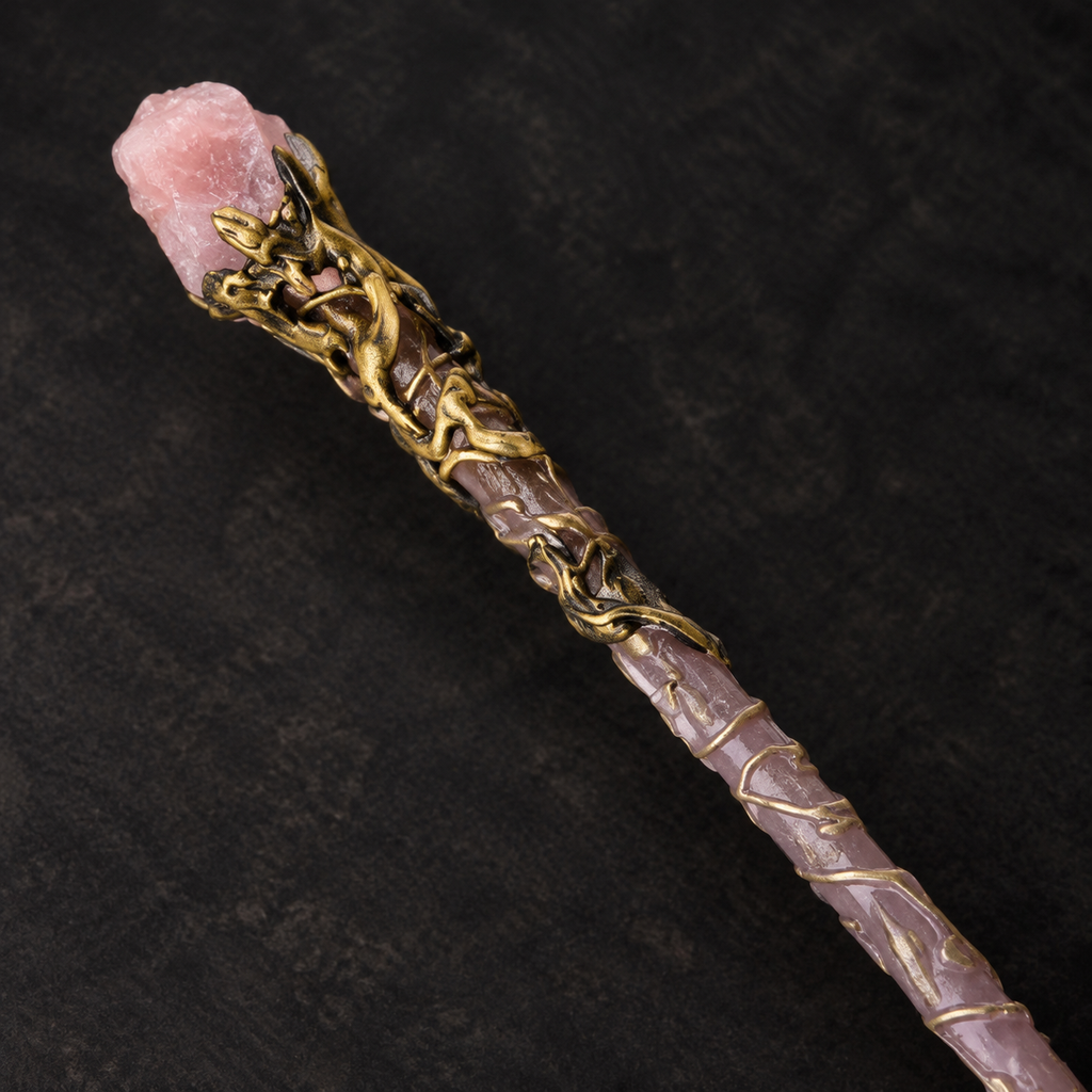 Natural Rose Quartz Raw Stone Magic Wand - Handmade 32-38cm - magic_wand_sku07_34cm_ornament_detail_square