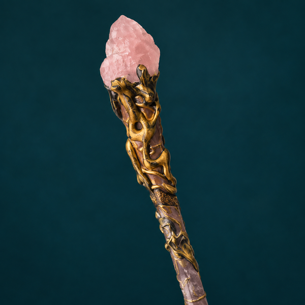 Natural Rose Quartz Raw Stone Magic Wand - Handmade 32-38cm - magic_wand_sku07_34cm_top_closeup_square