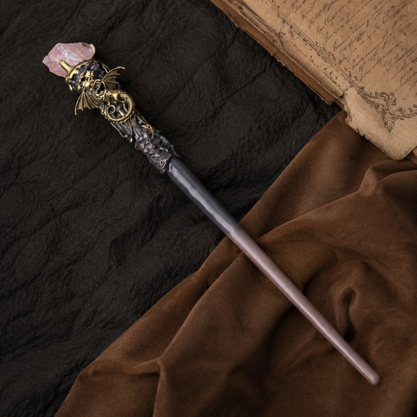 Natural Rose Quartz Style 2 Raw Stone Magic Wand - Handmade 32-38cm - magic_wand_sku08_34cm_flat_lay_square