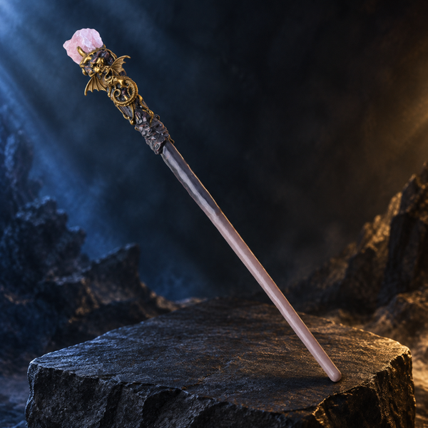 Natural Rose Quartz Style 2 Raw Stone Magic Wand - Handmade 32-38cm - magic_wand_sku08_34cm_hero_square