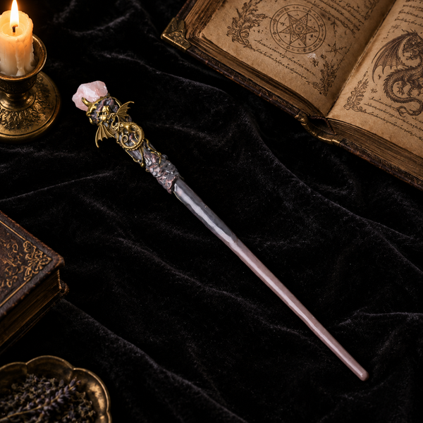 Natural Rose Quartz Style 2 Raw Stone Magic Wand - Handmade 32-38cm - magic_wand_sku08_34cm_lifestyle_square