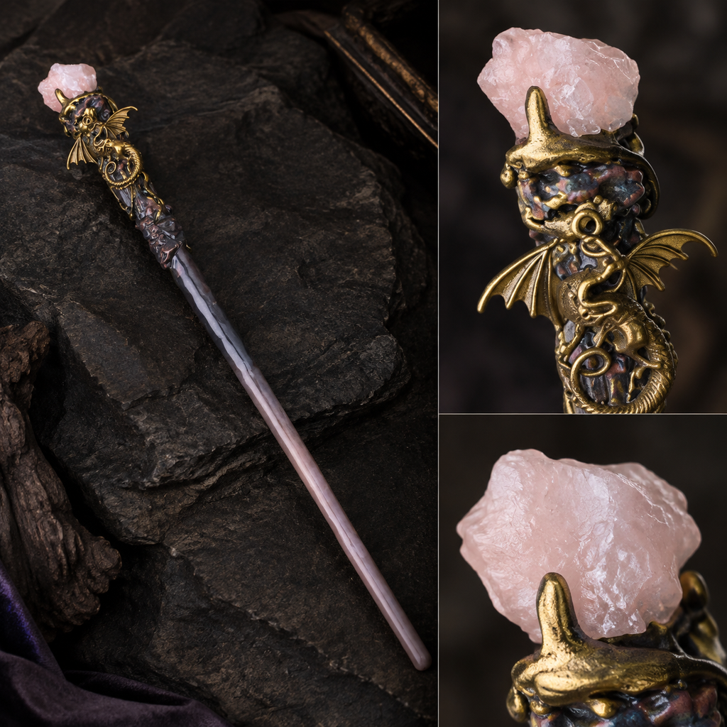Natural Rose Quartz Style 2 Raw Stone Magic Wand - Handmade 32-38cm - magic_wand_sku08_34cm_material_detail_square