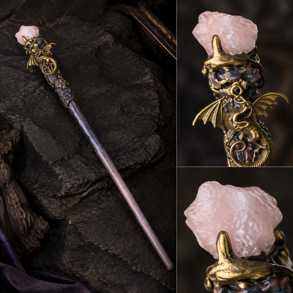 Natural Rose Quartz Style 2 Raw Stone Magic Wand - Handmade 32-38cm - magic_wand_sku08_34cm_material_detail_square