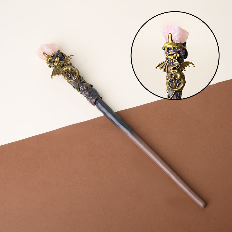 Natural Rose Quartz Style 2 Raw Stone Magic Wand - Handmade 32-38cm - magic_wand_sku08_34cm_original_reference