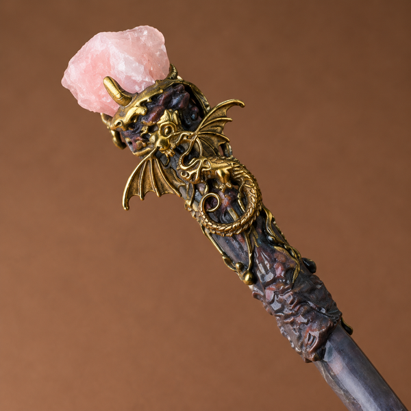 Natural Rose Quartz Style 2 Raw Stone Magic Wand - Handmade 32-38cm - magic_wand_sku08_34cm_ornament_detail_square
