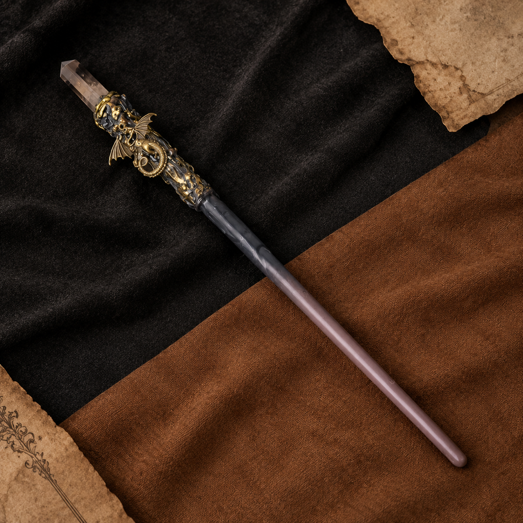 Natural Small Smoky Quartz Column Raw Stone Magic Wand - Handmade 32-38cm - magic_wand_sku17_34cm_flat_lay_square