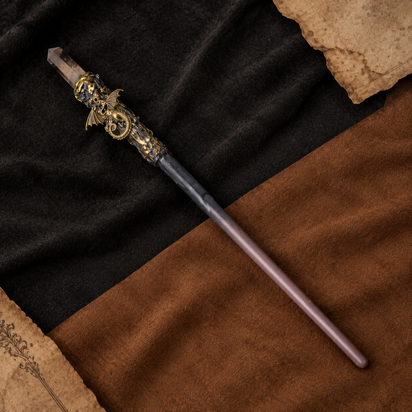 Natural Small Smoky Quartz Column Raw Stone Magic Wand - Handmade 32-38cm - magic_wand_sku17_34cm_flat_lay_square
