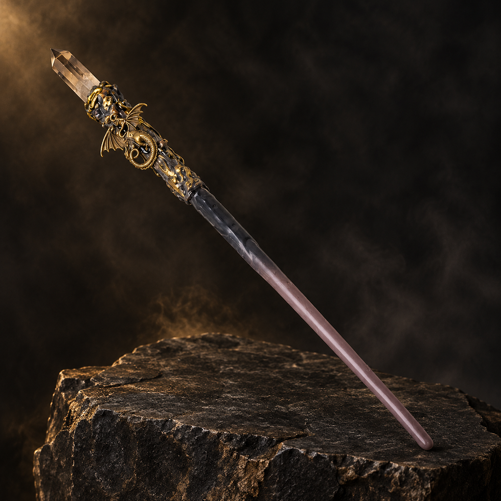 Natural Small Smoky Quartz Column Raw Stone Magic Wand - Handmade 32-38cm - magic_wand_sku17_34cm_hero_square