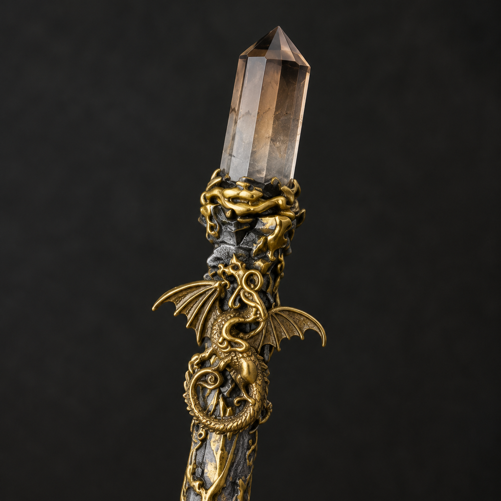 Natural Small Smoky Quartz Column Raw Stone Magic Wand - Handmade 32-38cm - magic_wand_sku17_34cm_top_closeup_square