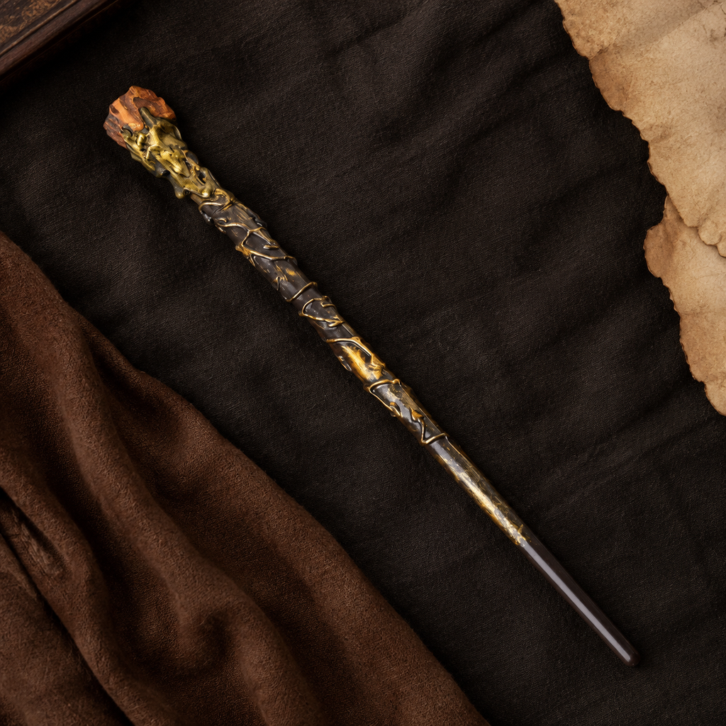 Natural Tiger's Eye Raw Stone Magic Wand - Handmade 32-38cm - magic_wand_sku02_34cm_flat_lay_square