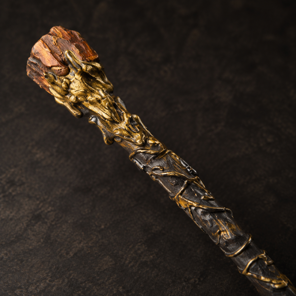 Natural Tiger's Eye Raw Stone Magic Wand - Handmade 32-38cm - magic_wand_sku02_34cm_ornament_detail_square