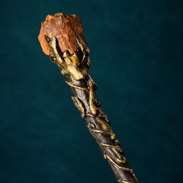 Natural Tiger's Eye Raw Stone Magic Wand - Handmade 32-38cm - magic_wand_sku02_34cm_top_closeup_square