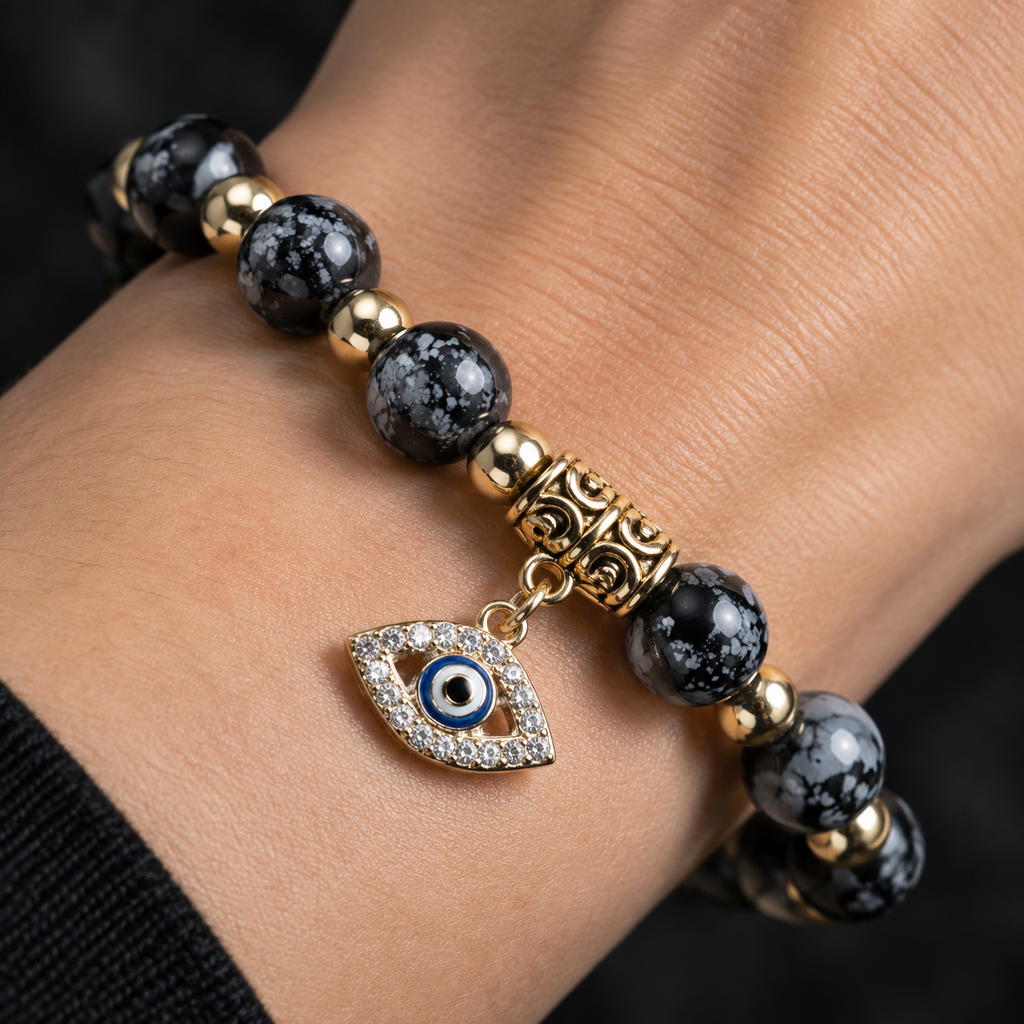 Black Snowflake Obsidian Evil Eye Bracelet - detail 1