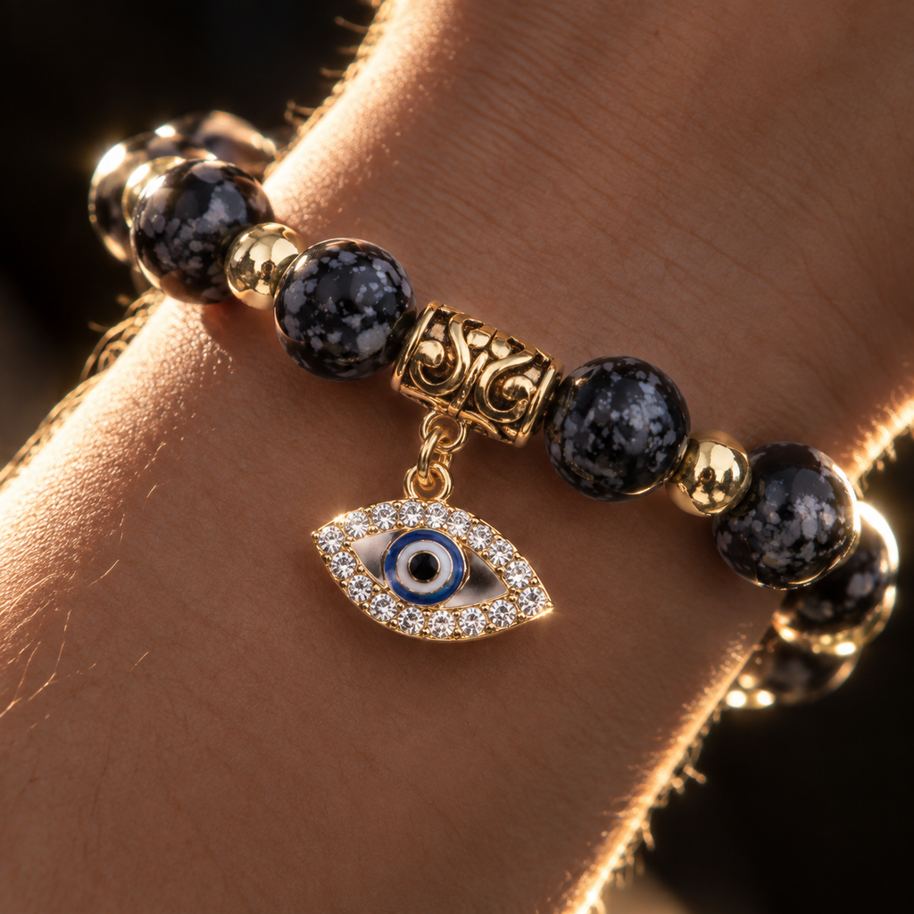 Black Snowflake Obsidian Evil Eye Bracelet - detail 2
