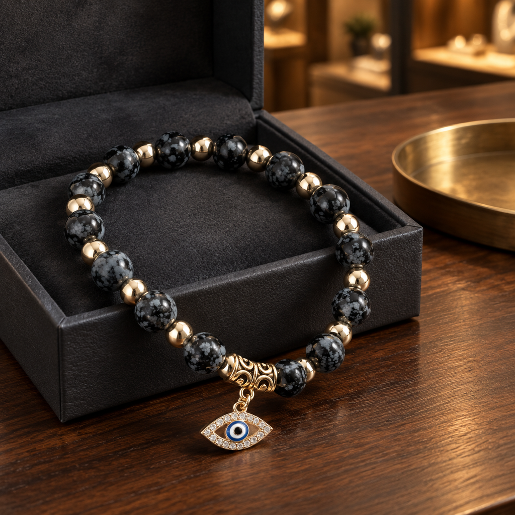 Black Snowflake Obsidian Evil Eye Bracelet - lifestyle