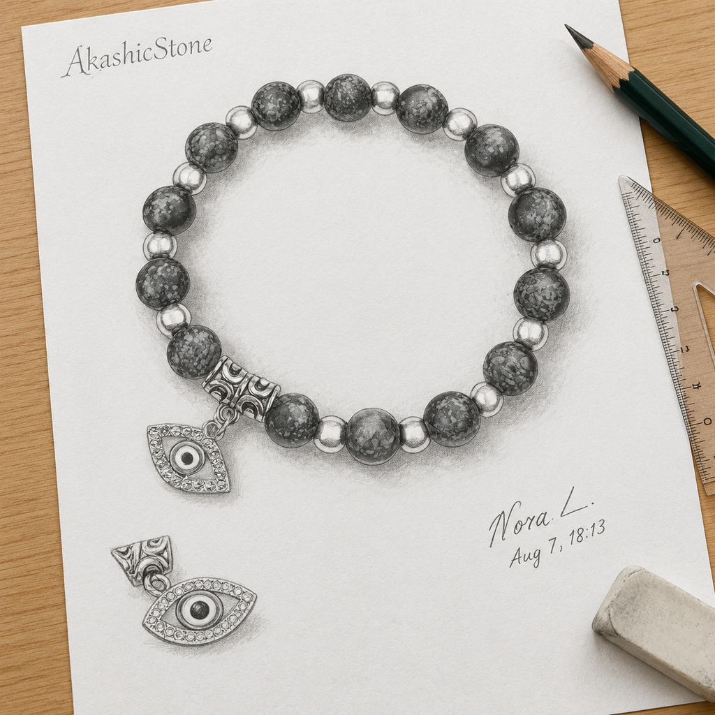 Black Snowflake Obsidian Evil Eye Bracelet - line art