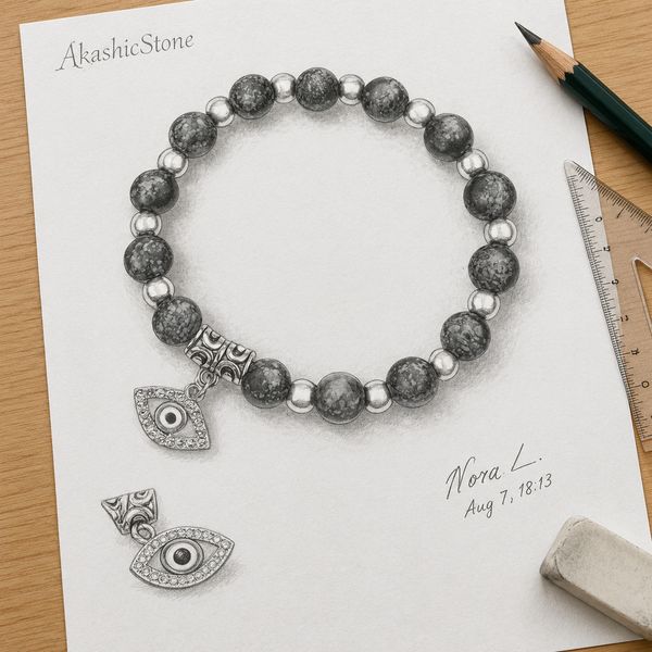 Black Snowflake Obsidian Evil Eye Bracelet - line art