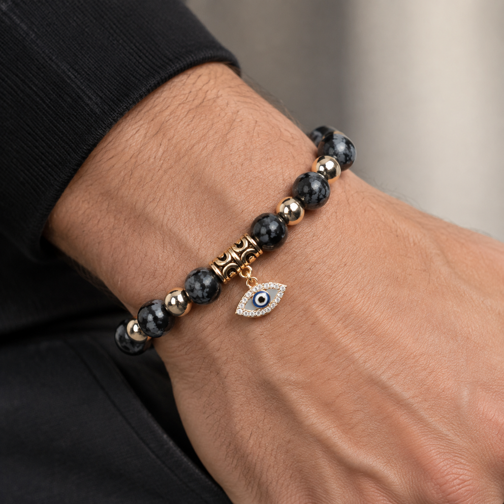Black Snowflake Obsidian Evil Eye Bracelet - wear closeup