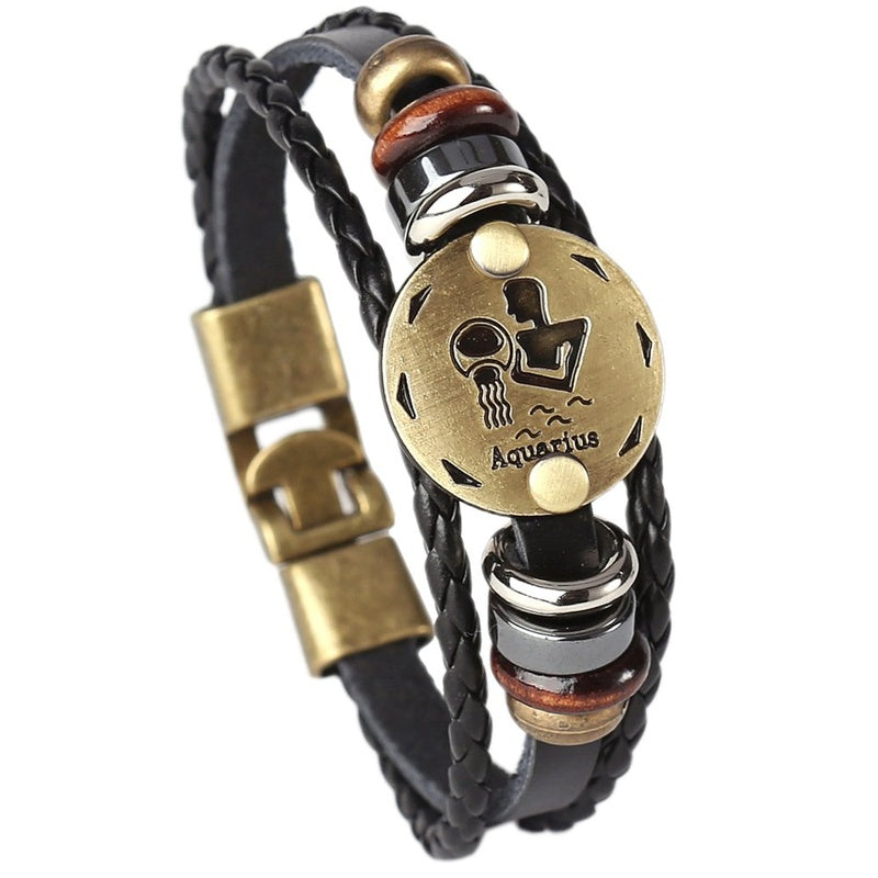Punk Alloy Leather Zodiac Bracelet – Aquarius with water bearer medallion and braided leather cord
