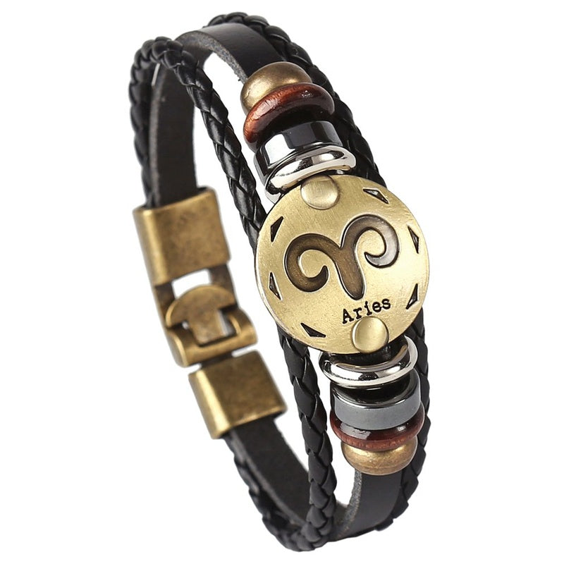 Punk Alloy Leather Zodiac Bracelet – Aries with ram horns medallion and braided leather cord