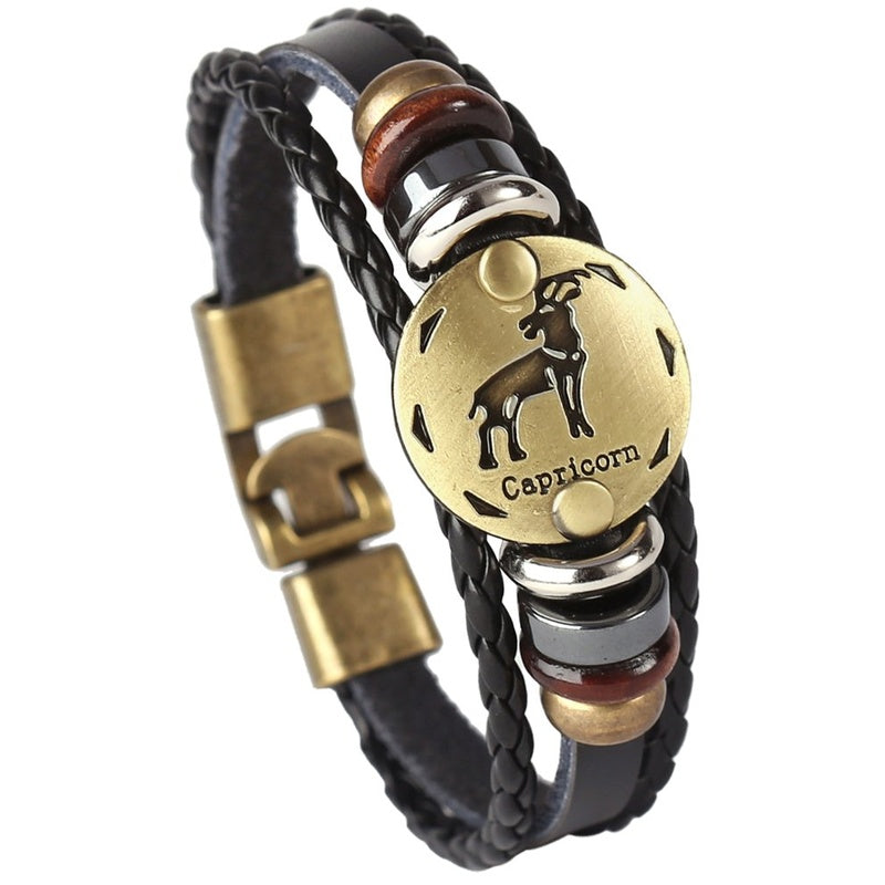 Punk Alloy Leather Zodiac Bracelet – Capricorn with sea-goat medallion and braided leather cord
