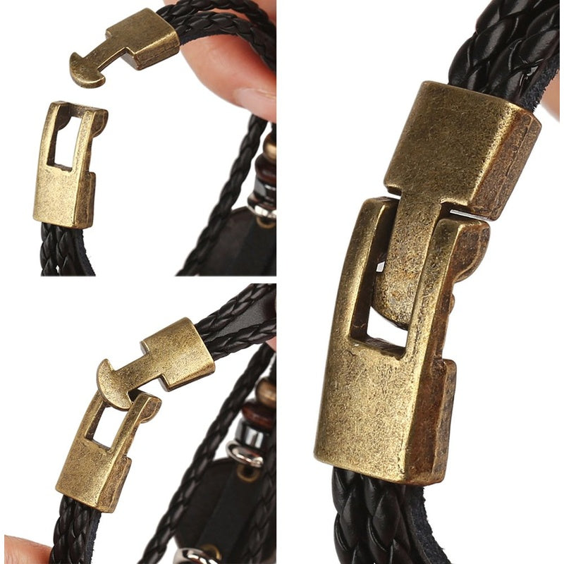Punk Alloy Leather Zodiac Bracelet – four-panel close-up of antique brass buckle clasp mechanism