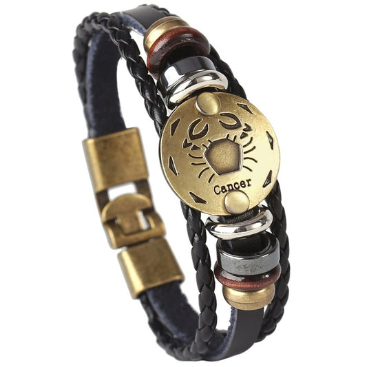 Punk Alloy Leather Zodiac Bracelet – Cancer full view with braided rope and antique brass medallion