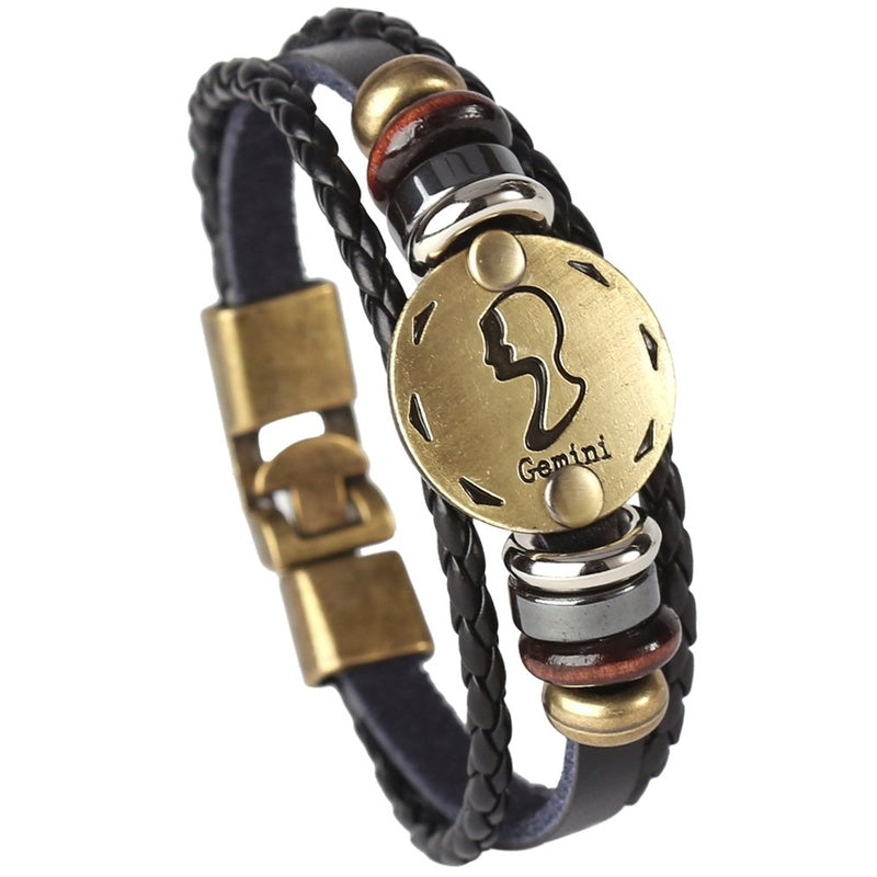 Punk Alloy Leather Zodiac Bracelet – Gemini with twins medallion and braided leather cord