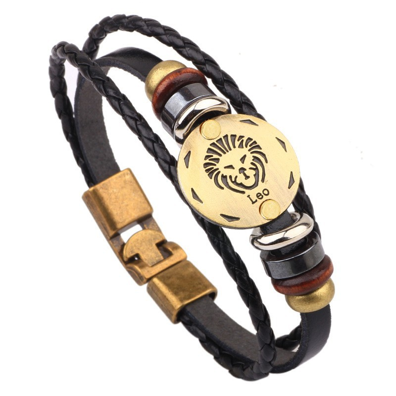 Punk Alloy Leather Zodiac Bracelet – Leo with lion medallion and braided leather cord