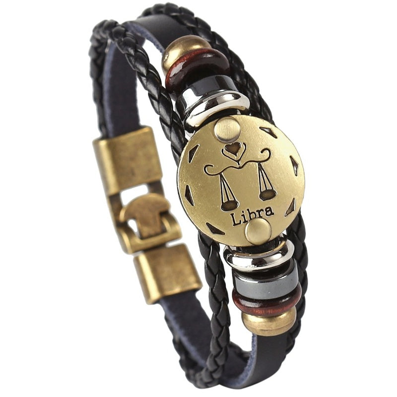 Punk Alloy Leather Zodiac Bracelet – Libra with scales medallion and braided leather cord