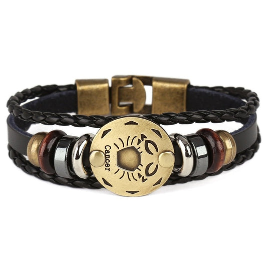 Punk Alloy Leather Zodiac Bracelet – Cancer close-up of engraved crab medallion and mixed metal beads