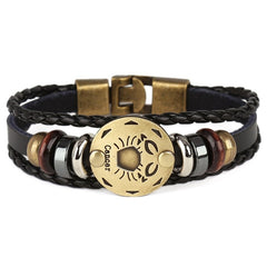 Punk Alloy Leather Zodiac Bracelet – Cancer close-up of engraved crab medallion and mixed metal beads