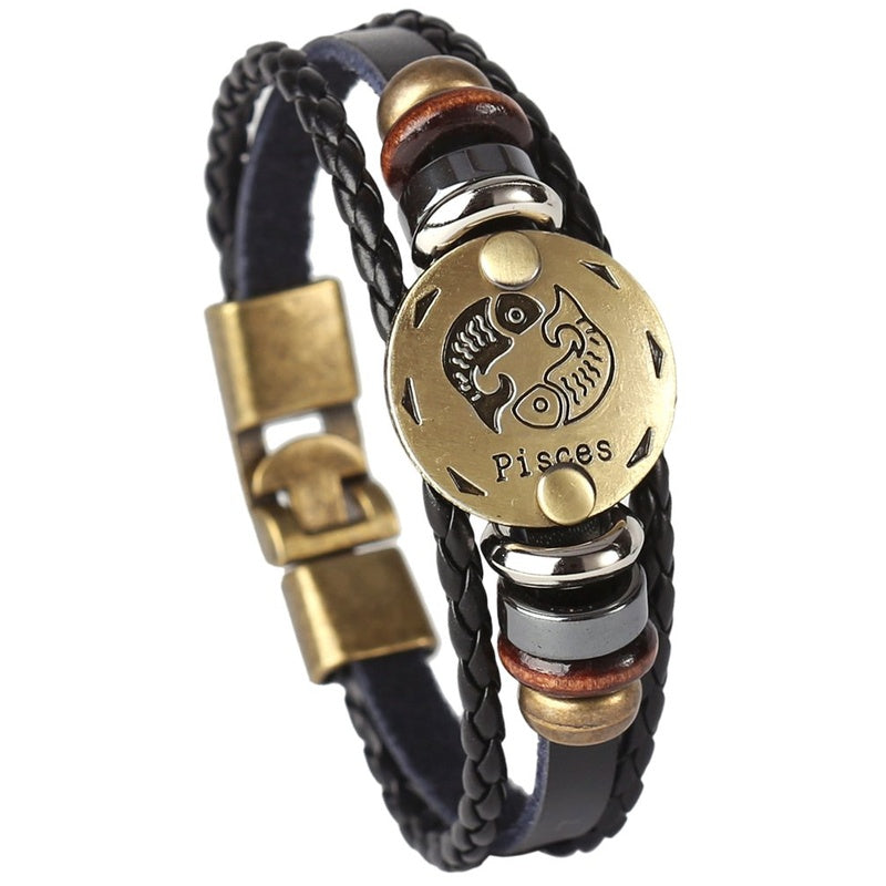 Punk Alloy Leather Zodiac Bracelet – Pisces with twin fish medallion and braided leather cord