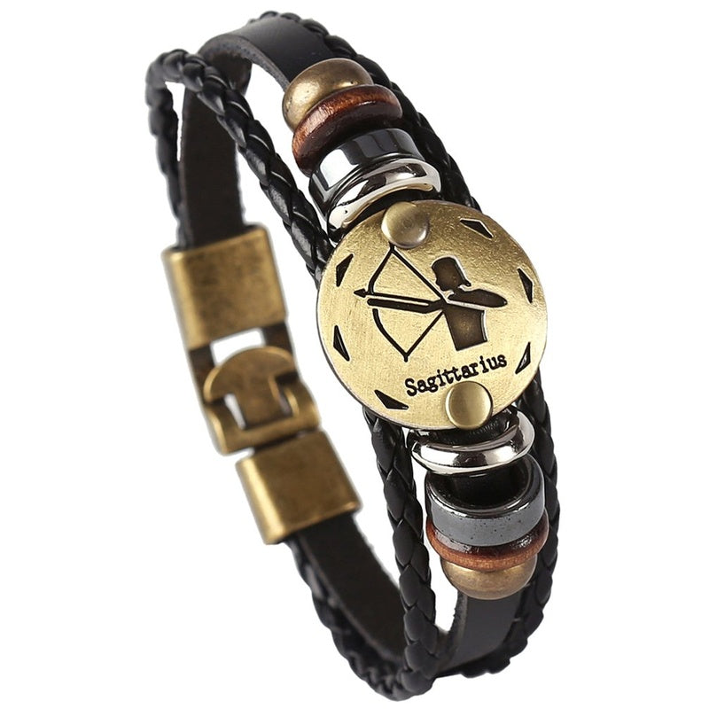 Punk Alloy Leather Zodiac Bracelet – Sagittarius with archer medallion and braided leather cord