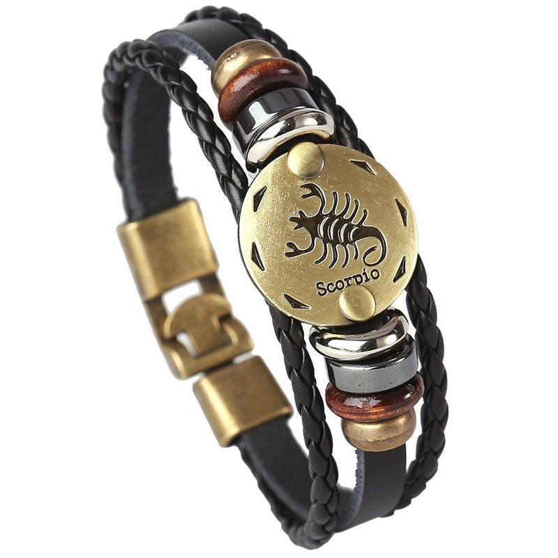 Punk Alloy Leather Zodiac Bracelet – Scorpio with scorpion medallion and braided leather cord