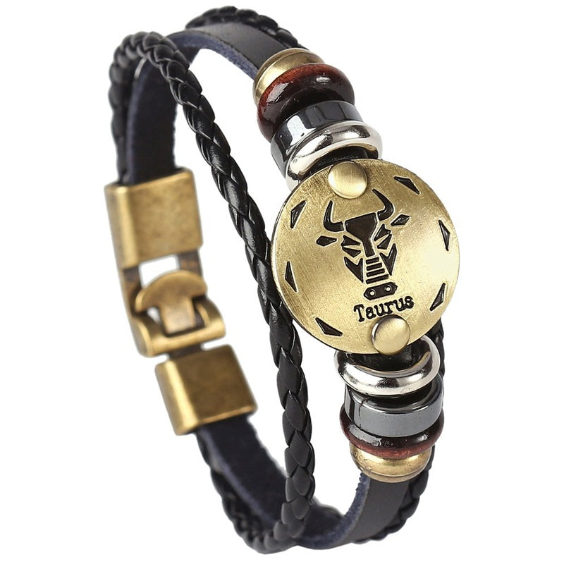 Punk Alloy Leather Zodiac Bracelet – Taurus with bull medallion and braided leather cord