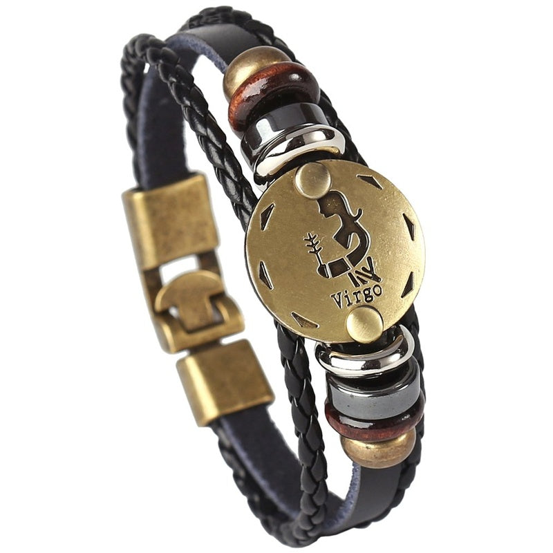 Punk Alloy Leather Zodiac Bracelet – Virgo with maiden medallion and braided leather cord
