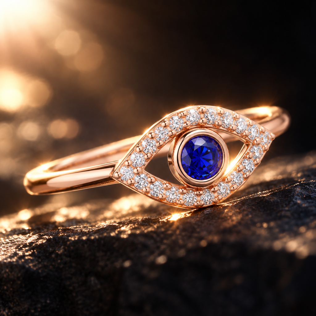 Rose Gold Plated Evil Eye Adjustable Ring for Women - pave detail
