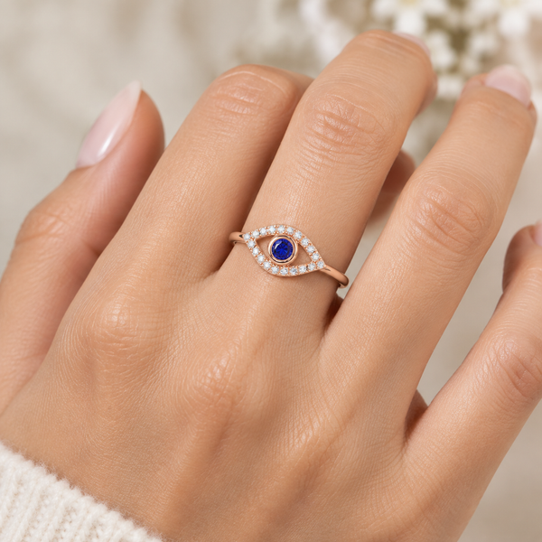 Rose Gold Plated Evil Eye Adjustable Ring for Women - worn close up