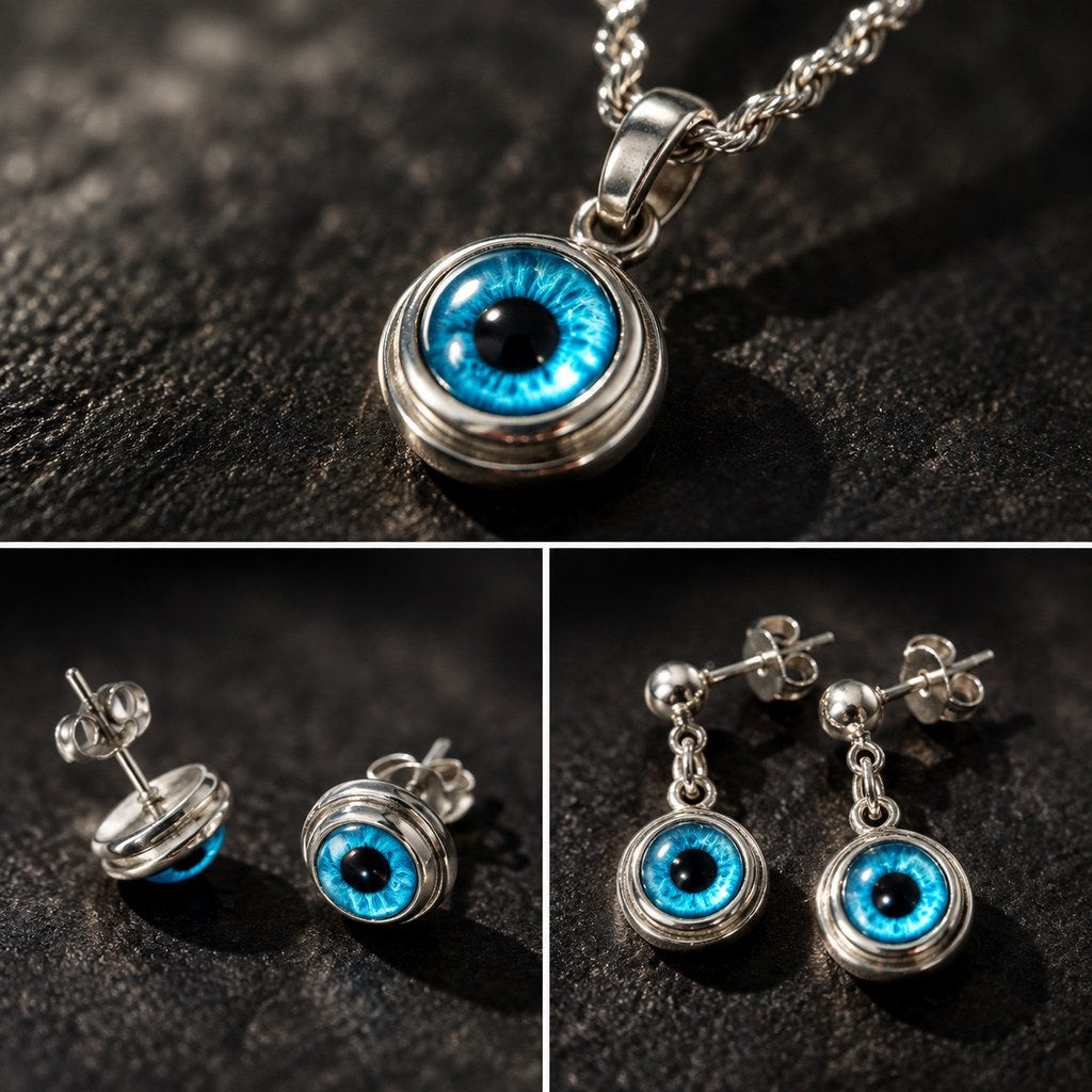 Silver Blue Evil Eye Jewelry Set – Detail of the blue eye motif against the silver finish