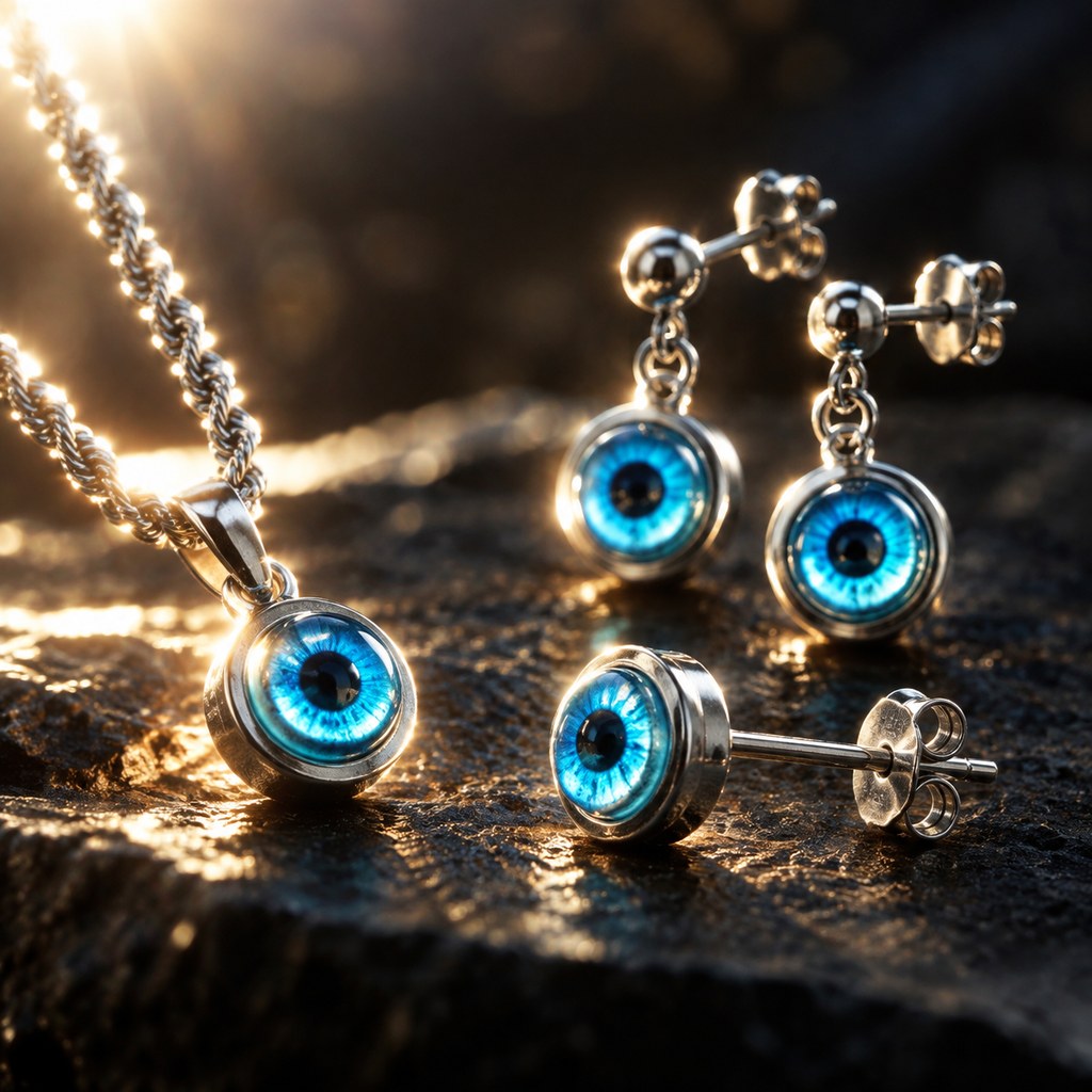 Silver Blue Evil Eye Jewelry Set – Close-up of the earrings and the silver twist chain links